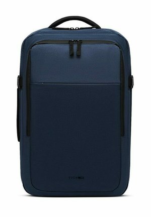 Navy blue backpack made of textured synthetic material, featuring a rectangular shape, top handle, dual zippers, and front pocket.