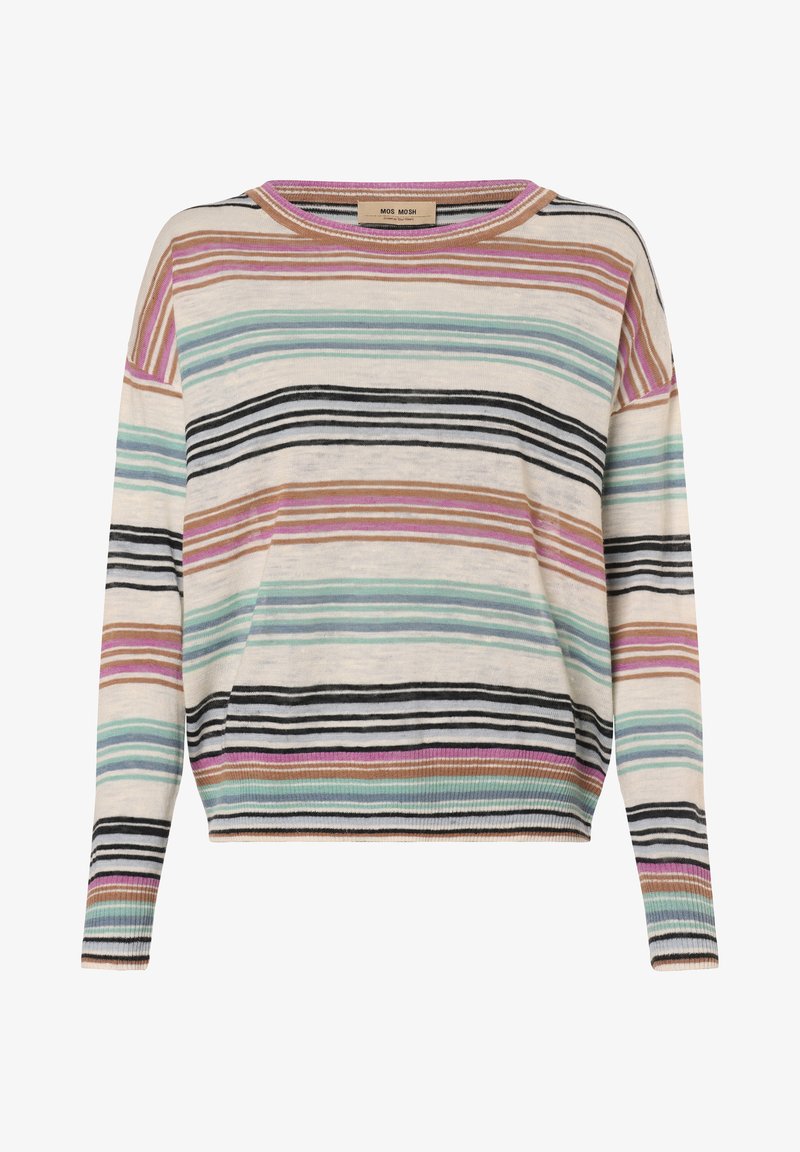 Striped sweater in cream, featuring horizontal stripes in pink, blue, green, black, and beige. Ribbed hem and cuffs, relaxed fit.