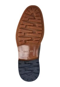 Bruine rubberen zool met gestructureerde patronen, voorzien van een glad leren accent en "VAN LIER" in reliëf. Voornamelijk donkerblauwe basis.