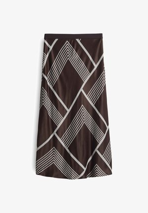 Brauner A-Linien-Rock mit weißen geometrischen Diamantmustern. Glatte, seidig weiche Textur mit einem enganliegenden Bund und knielangem Schnitt.