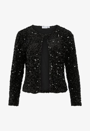 Casaco preto de lantejoulas com decote redondo e frente aberta, apresentando mangas longas e uma superfície texturizada com realces brilhantes por toda a parte.