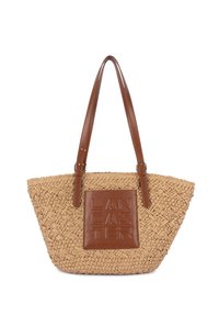 Sac fourre-tout en paille tissée avec des anses en cuir marron et une pièce de cuir assortie embossée du nom de la marque "Lancaster".
