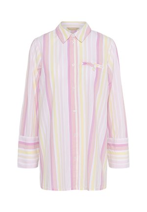 Koszula z długim rękawem w paski w kolorze różowym, żółtym i białym. Posiada wyrafinowany kołnierz i kieszonkę na piersi. Dopasowany krój.