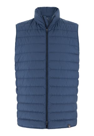 Mornarsko modra puhasta brezrokavnik z visokim ovratnikom, zadrgo in našitkom z vzorcem. Ima gladko teksturo in logotip na spodnjem robu.