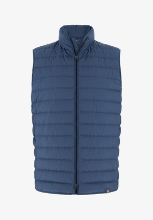 Smanicato imbottito blu navy con collo alto, chiusura con zip e design trapuntato. Presenta una texture liscia e un dettaglio con logo sull'orlo.