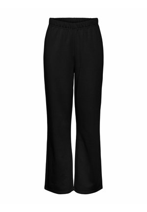 Svart joggebukse laget av mykt stoff, med bred ben-design og elastisk midjebånd for komfort. Ingen lommer eller ekstra dekorasjoner.