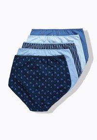 Vijf paar damesonderbroeken in verschillende tinten blauw, met bloemen- en stippenpatronen, van katoen en met elastische taillebanden.