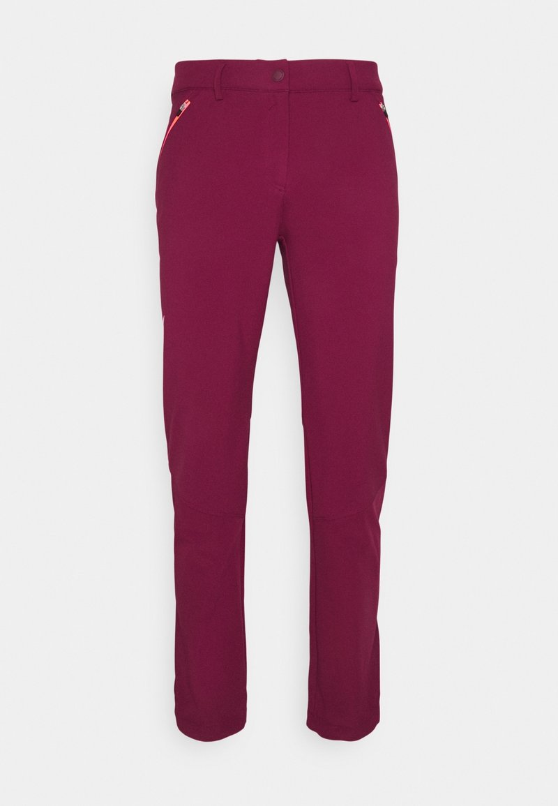 Pantalon ajusté rouge foncé avec des poches avant zippées et des passants pour ceinture, présenté sur un fond clair uni.