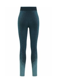 Hochgeschnittene Leggings in einem Verlauf von Teal, mit einem strukturierten Muster, das von dunkel zu hell übergeht, und einem elastischen Bund.
