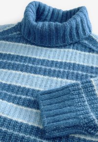 Strickpullover mit Rollkragen in verschiedenen Blautönen und horizontalen Streifen. Weicher Stoff mit geripptem Kragen und Bündchen.