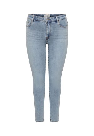 Světlé modré džíny s vysokým pasem, úzkým střihem, s předním zapínáním na knoflíky a zip, design s pěti kapsami a jemnými vyšisovanými detaily.