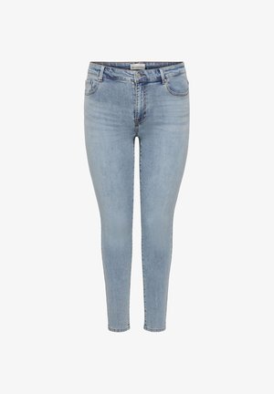 Jeans skinny a vita alta colore azzurro chiaro con bottoni e cerniera frontali, design con cinque tasche e dettagli sbiaditi sottili.