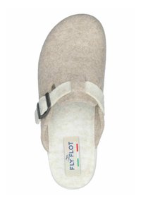 Light beige felt clogs with a white strap and silver metal buckle. Flat sole with textured, soft interior and “FLYFLOT” logo on the insole.