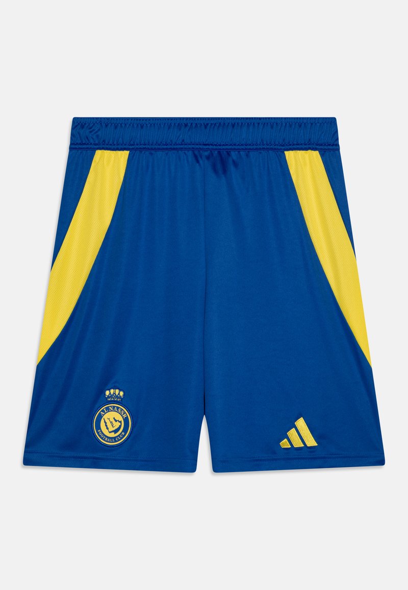 Zili sporta šortai ar dzelteniem sānu paneļiem, elastīga josta, izšūts logotips un Adidas akcents. Gluda, elpojoša materiāla, piemēroti sportam.