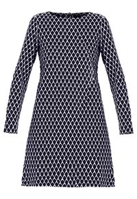 Marineblaues Kleid mit langen Ärmeln, das ein weißes Diamantmuster aufweist. Rundhalsausschnitt mit einem schwarzen Akzent im Rücken. Glatte Stoffstruktur.