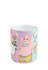 Tazza in ceramica con personaggi dei cartoni animati su sfondi pastello. I colori includono rosa, lavanda e menta. Superficie liscia, forma cilindrica.