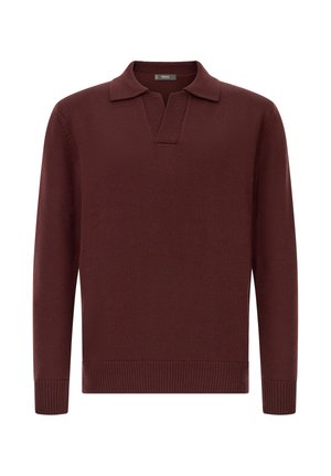 Bordo pulover s polgumbom na vratu, z rebrastimi manšetami in robom, narejen iz teksturiranega pletenega materiala. Preprost, klasičen dizajn.