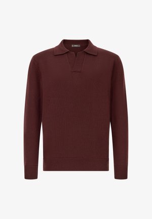 Bordeaux pullover trui met een halve knoopsluiting, geribbelde manchetten en boord, gemaakt van een gestructureerde brei stof. Eenvoudig, klassiek ontwerp.
