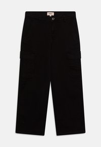 Schwarze Cargo-Hosen mit weitem Beinansatz, aus einem Baumwoll-Mischgewebe. Verfügt über mehrere seitliche Taschen und einen Knopfverschluss.