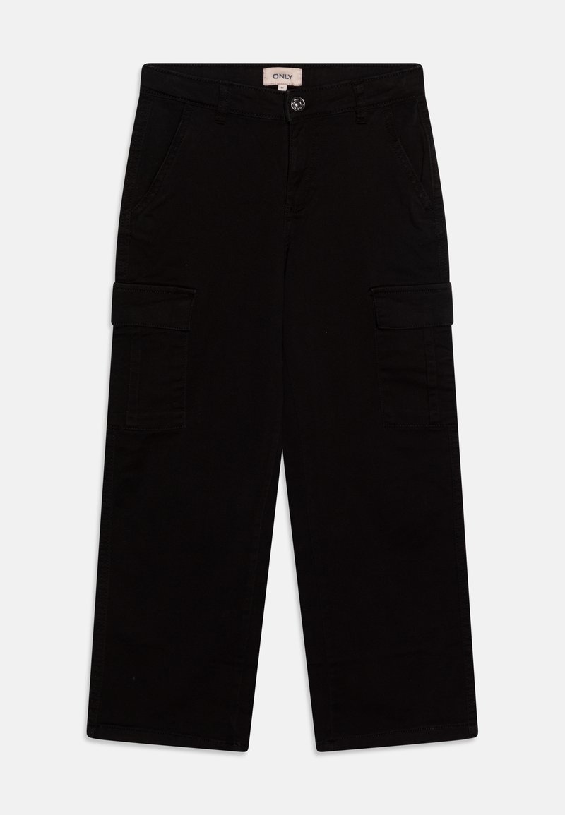 Schwarze Cargo-Hosen mit weitem Beinansatz, aus einem Baumwoll-Mischgewebe. Verfügt über mehrere seitliche Taschen und einen Knopfverschluss.
