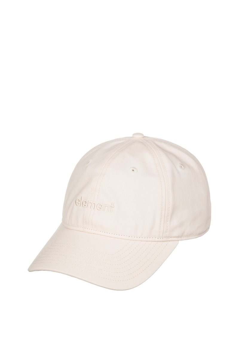 Beige pet met een zachte stof, voorzien van een gebogen klep en een geborduurd logo. Heeft zes ventilatie-oogjes en een knop bovenop.