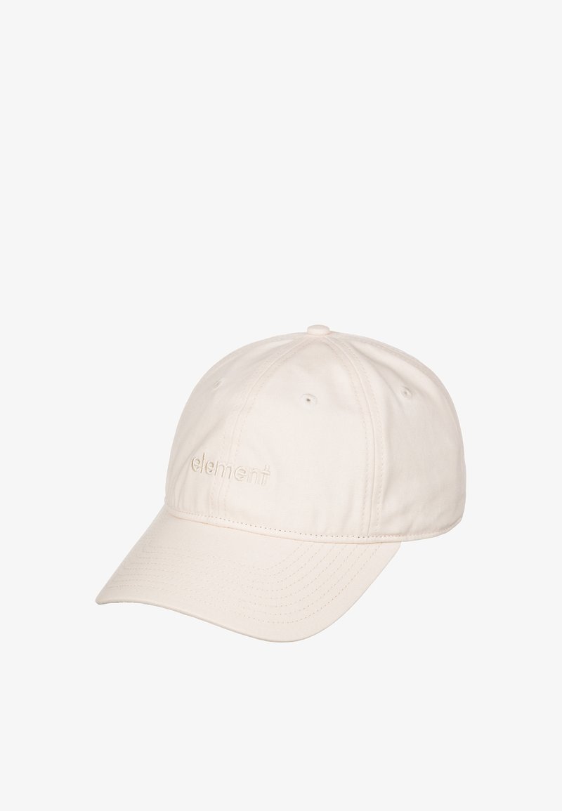 Beige Baseballcap aus weichem Stoff mit gebogenem Schirm und besticktem Logo. Verfügt über sechs Belüftungsöffnungen und einen Knopf an der Oberseite.