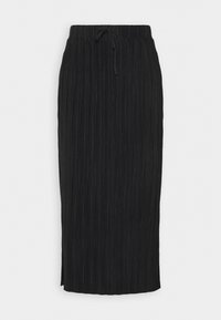 Jupe midi plissée noire avec taille élastique et cordon, avec une fente latérale en bas de l'ourlet.