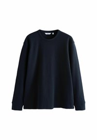 Sweat-shirt manches longues bleu foncé en tissu texturé ; doté d'un col rond et d'une coupe décontractée avec poignets et ourlet côtelés.