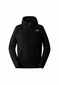 Felpa nera in pile con tasca a marsupio. Presenta un cappuccio regolabile con cordini e un piccolo logo bianco sul lato sinistro del petto. Texture morbida.