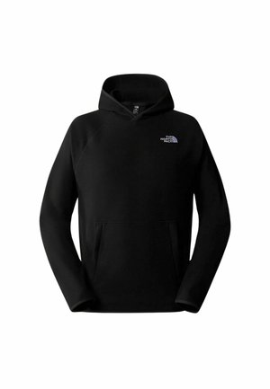 Felpa nera in pile con tasca a marsupio. Presenta un cappuccio regolabile con cordini e un piccolo logo bianco sul lato sinistro del petto. Texture morbida.