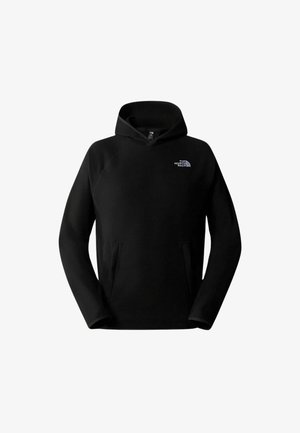 Felpa nera in pile con tasca a marsupio. Presenta un cappuccio regolabile con cordini e un piccolo logo bianco sul lato sinistro del petto. Texture morbida.