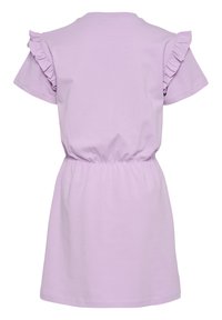 Lilafarbendes Baumwollkleid mit kurzen, rüschierten Ärmeln, elastischem Bund und A-Linien-Schnitt. Glatte Textur mit schlichtem Design.