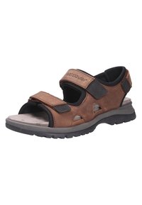 Brown leather sandal with adjustable Velcro straps, open toe design, padded insole, and rubber outsole with a textured grip.