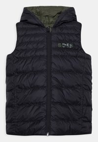 Black padded sleeveless vest with hood, front zipper, side pockets, and "BOSS" logo on the left chest, inner lining dark green.