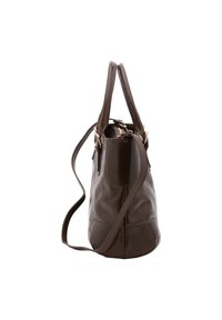 Sac à main en cuir marron avec une texture lisse, doté de deux poignées supérieures et d'une bandoulière amovible. Base arrondie et matériel minimal.