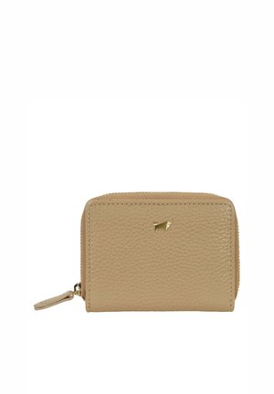 Portafoglio beige in pelle testurizzata con cerniera e piccolo logo animale dorato sul davanti, forma rettangolare con bordi arrotondati.