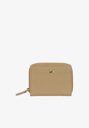 Portefeuille en cuir beige texturé avec fermeture éclair et petit logo animalier doré sur le devant, forme rectangulaire aux bords arrondis.