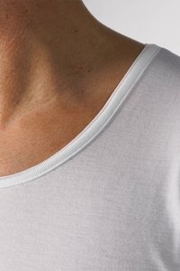 White cotton T-shirt with a ribbed round neckline. The fabric appears smooth with a slight sheen. Skin tones visible near the collar.