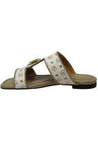 Sandali open-toe beige con cinturini bianchi che presentano un delicato motivo a logo dorato e un accento dorato sul cinturino centrale. Suola piatta.