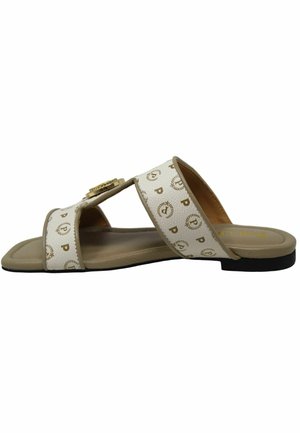 Sandali open-toe beige con cinturini bianchi che presentano un delicato motivo a logo dorato e un accento dorato sul cinturino centrale. Suola piatta.