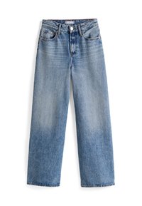Svetlo modre jeans hlače z visoko pasom, širokimi nogavicami in subtilnim zbledeljem. Imajo sprednje žepke in klasično zaponko.