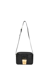 Borsa a tracolla nera in tessuto con accentuazione in hardware dorato, caratterizzata da un dettaglio in legno sulla parte anteriore e una tracolla regolabile.