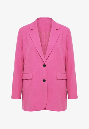 Lyserød dameblazer med to sorte knapper, notch revers, lange ærmer og to forlommer med klap.