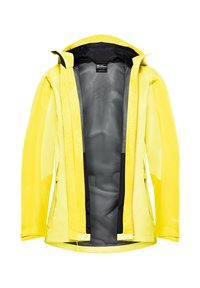 Hellegelbe wasserdichte Jacke mit Mesh-Innenfutter, verstellbarer Kapuze und Reißverschlusstaschen. Glatte Textur und minimalistisches Design.