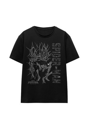 Black T-shirt with gray Spider-Man crouching in front of a spider web, with the word "SPIDER-MAN" vertically beside him.