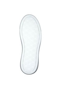 Suola di scarpa in gomma bianca con motivo testurizzato e bordi rialzati. Presenta accenti circolari e rettangolari sulla superficie.