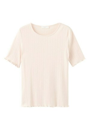 Bluză cu mâneci scurte, tricotată în bej deschis cu dungi, având margini festonate la mâneci și tiv, cu decolteu rotund și un model vertical subtil.