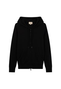 Svart huvtröja med framdragkedja, två sidofickor och dragsko-detaljer. Tillverkad av ett mjukt, texturerat tyg.