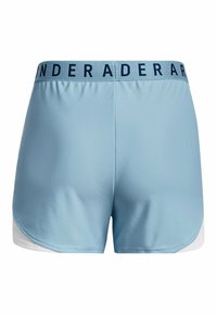 Ljusblå idrottsshorts med ett marinblått midjeband som har texten "UNDER ARMOUR". Tyget är slätt och designen inkluderar vita sidopaneler.