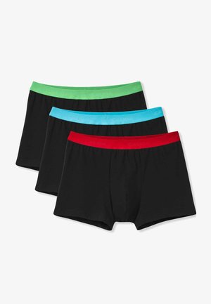 Herrenunterwäsche aus schwarzem Stoff mit drei kontrastierenden Farben für den Bund: grün, blau und rot. Glatte Textur, körperbetonter Schnitt.